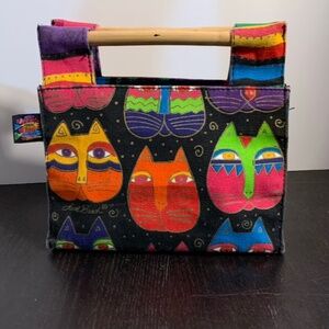 Vintage Laurel Burch Small Colorful Cat Tote/Handbag with Wooden Handle